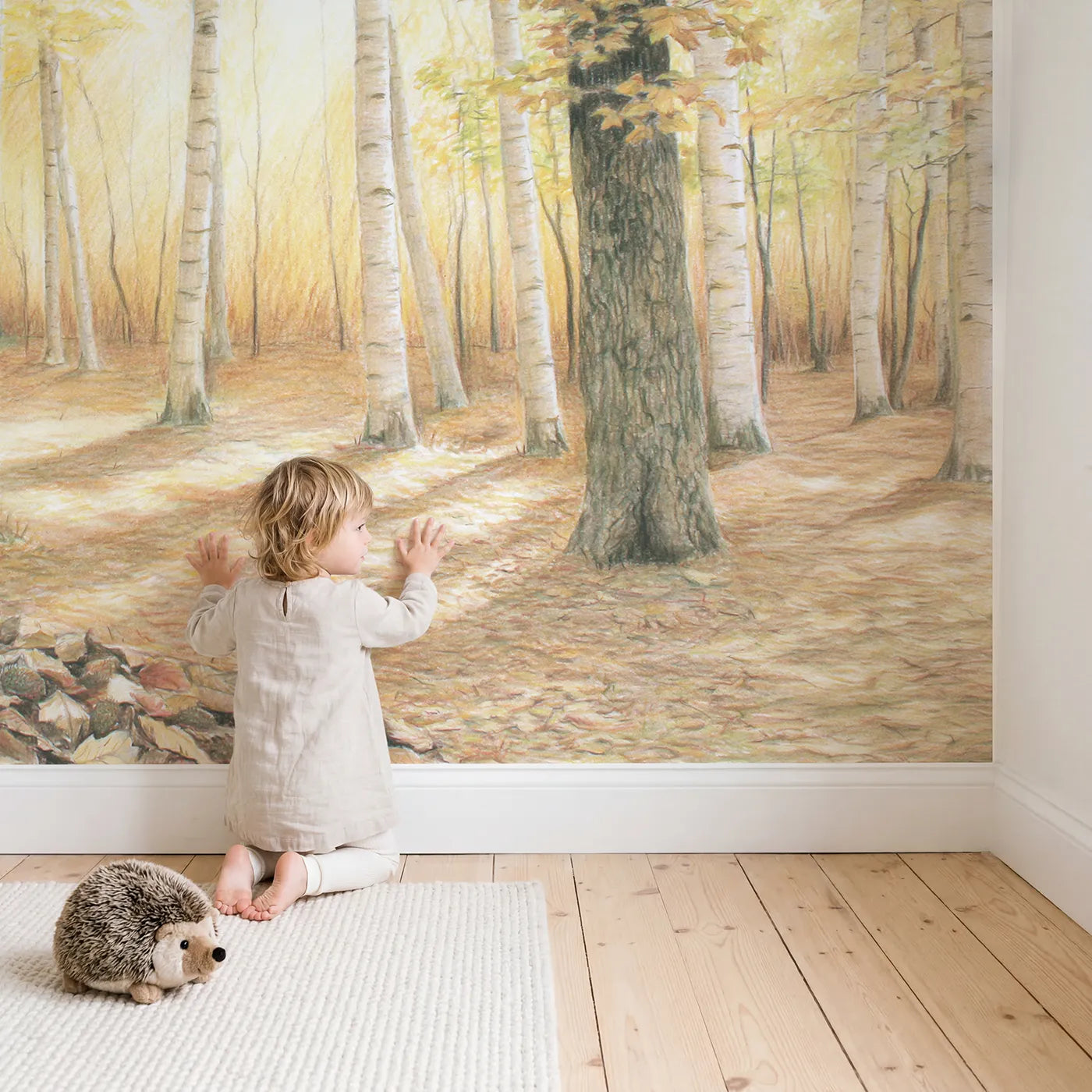 Child in nursery with Birch Grove in Autumn Wallpaper Mural by Whimsy Tots