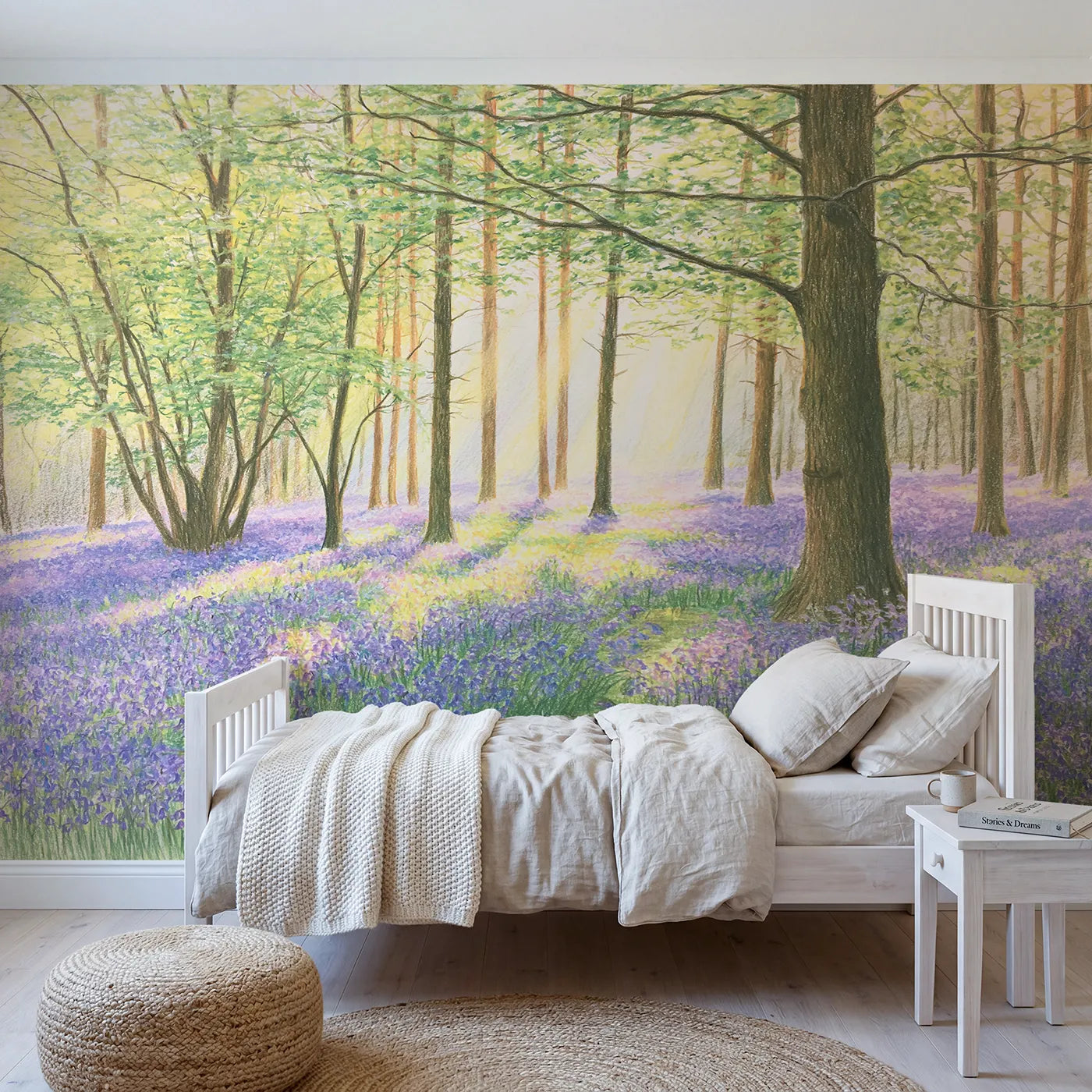 Colored-pencil wall mural of a bluebell wood floor by Whimsy Tots