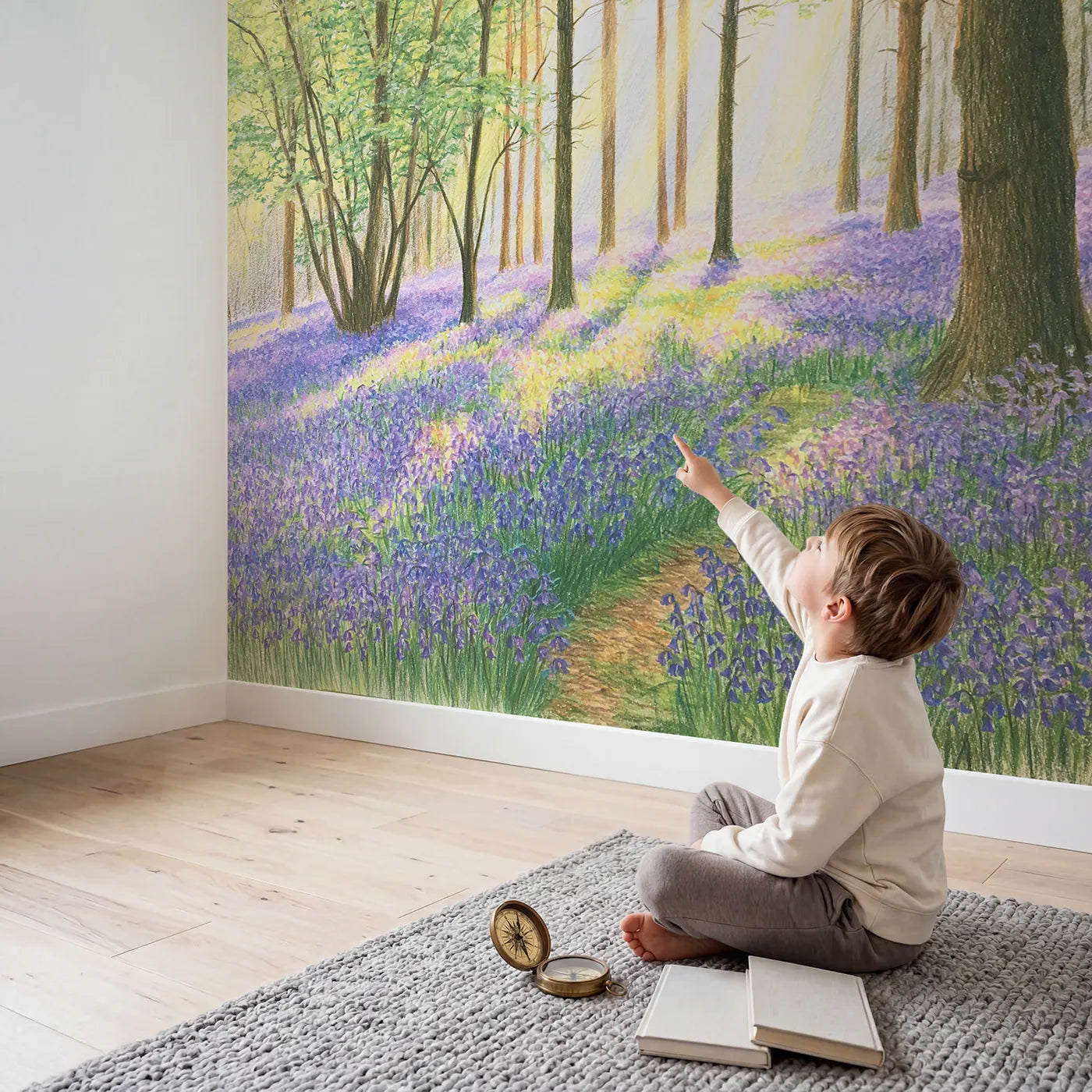 Child in nursery with Bluebell Wood Carpet Wallpaper Mural by Whimsy Tots