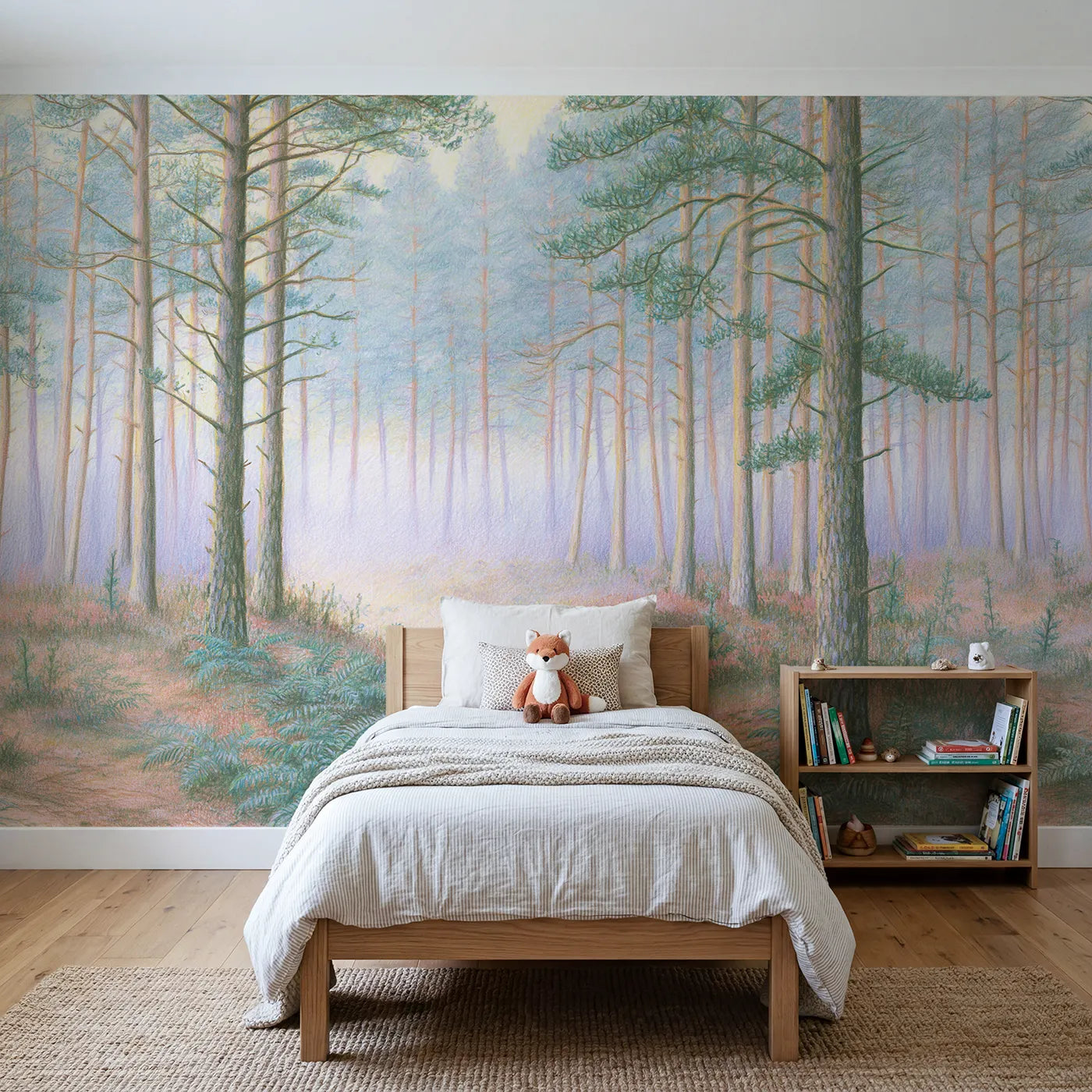 Colored-pencil wall mural of a misty pine forest by Whimsy Tots