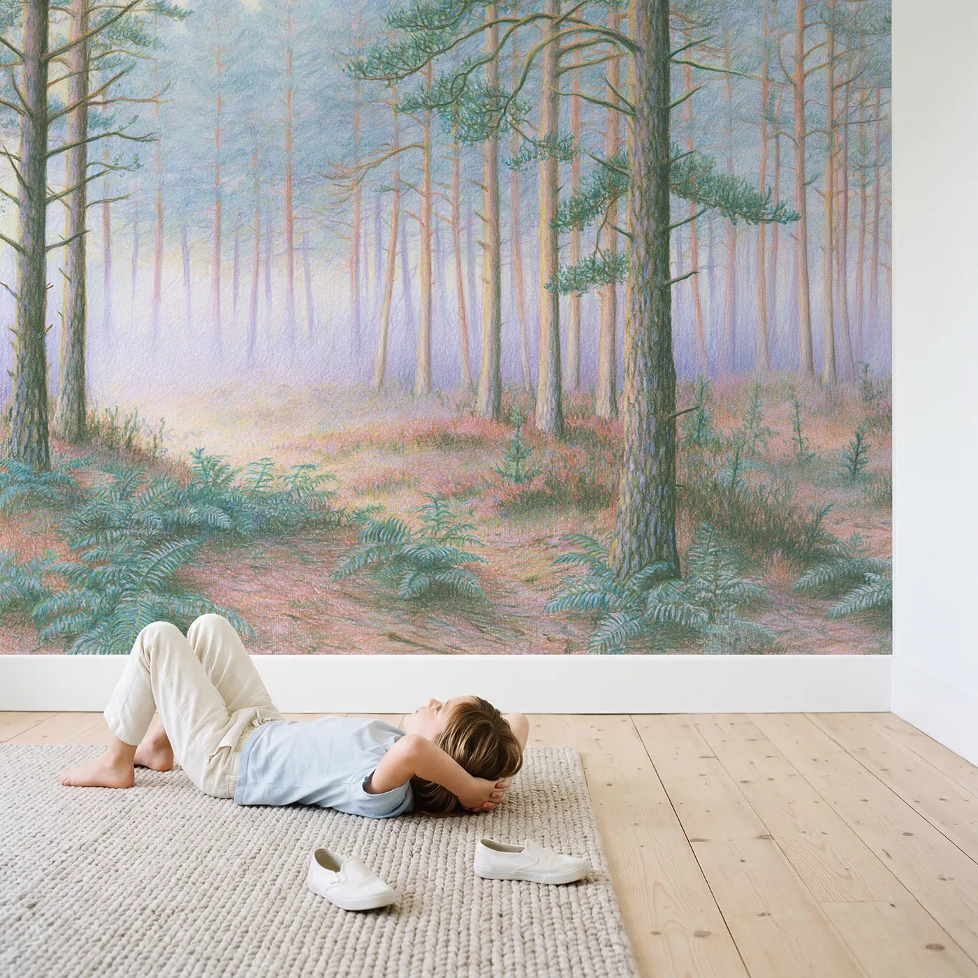 Child in nursery with Misty Pine Forest Wallpaper Mural by Whimsy Tots
