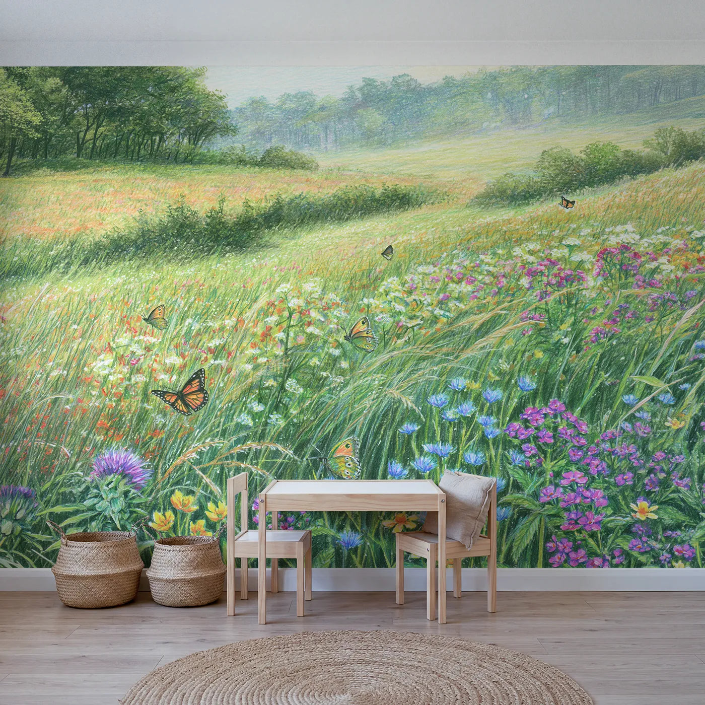 Colored-pencil wall mural of a woodland-edge meadow by Whimsy Tots