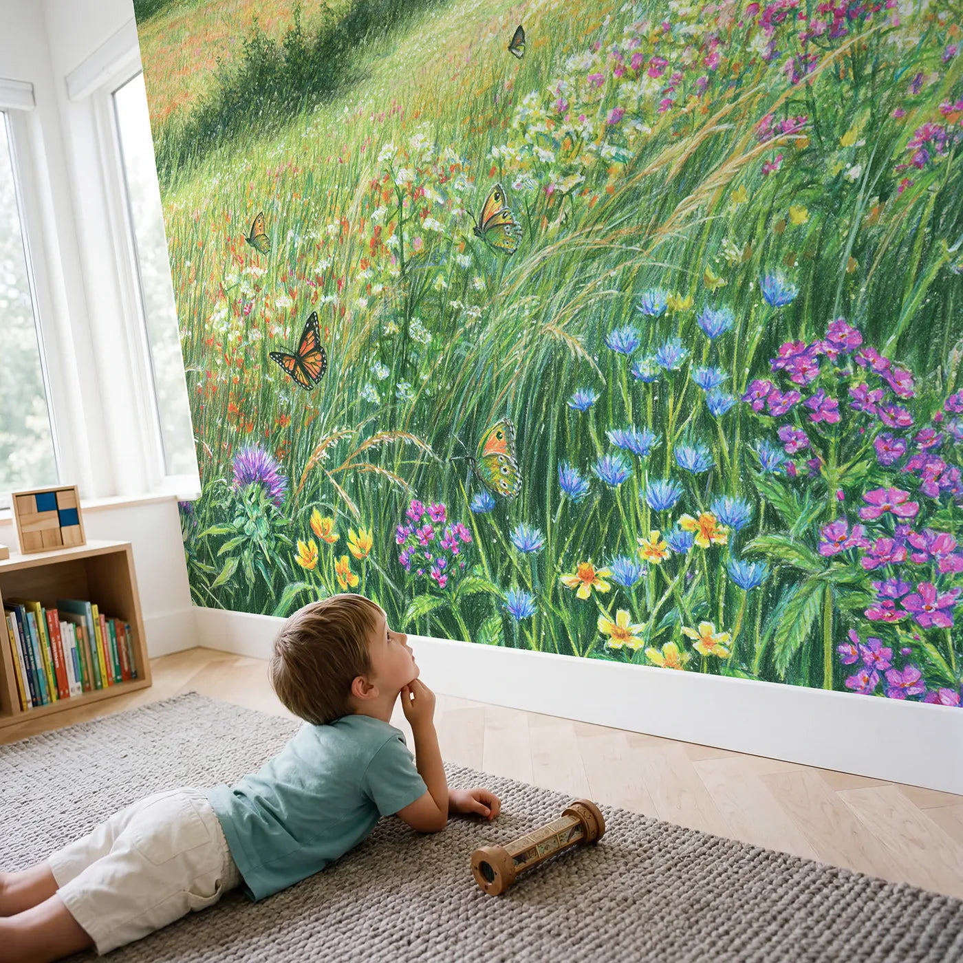 Child in nursery with Woodland Edge Meadow Wallpaper Mural by Whimsy Tots