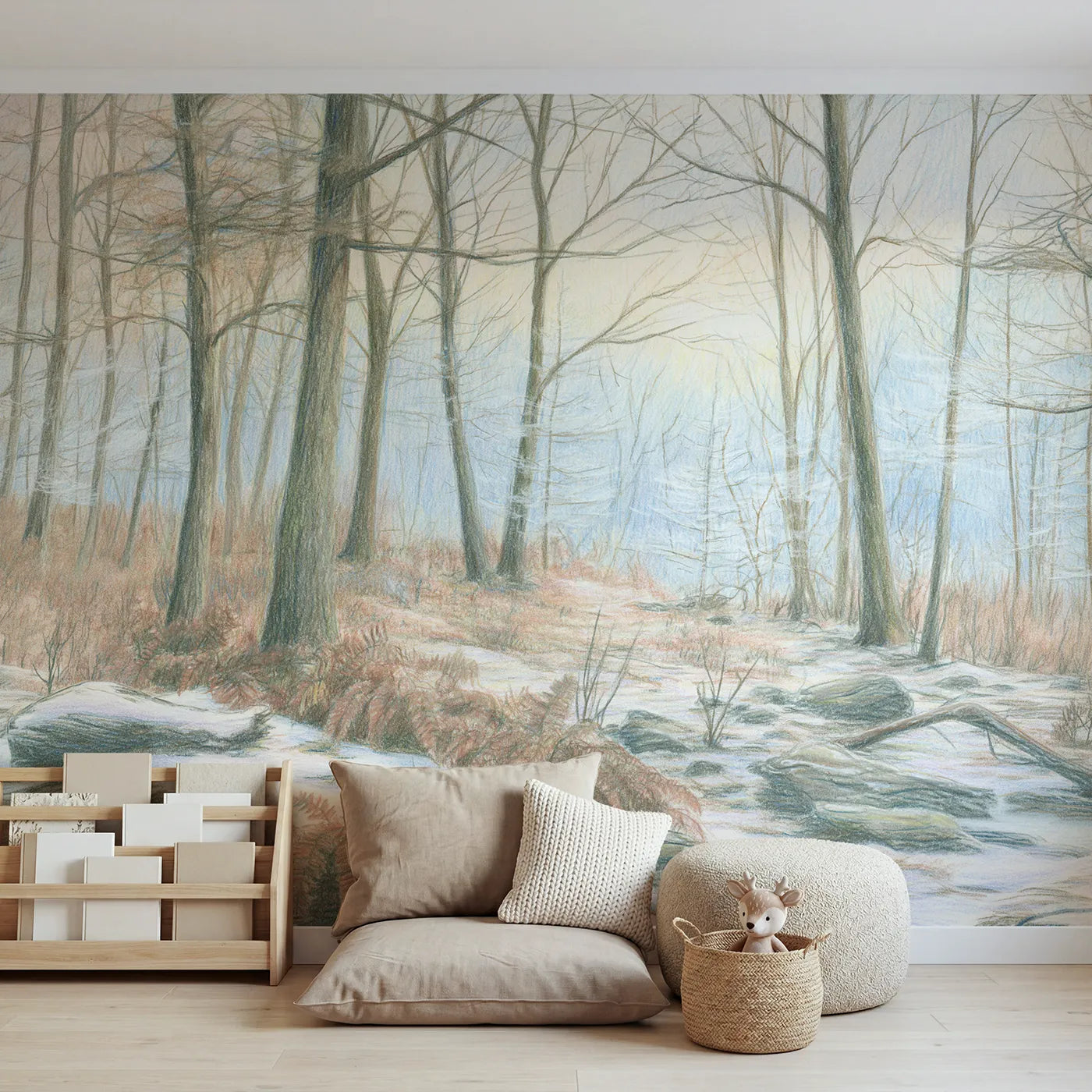 Colored-pencil wall mural of a snowy winter woodland by Whimsy Tots