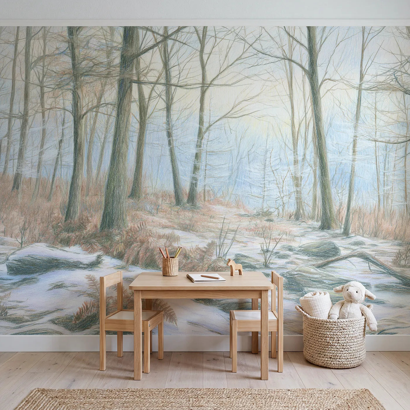 Snowy Winter Woodland Wallpaper Mural in playroom setting by Whimsy Tots