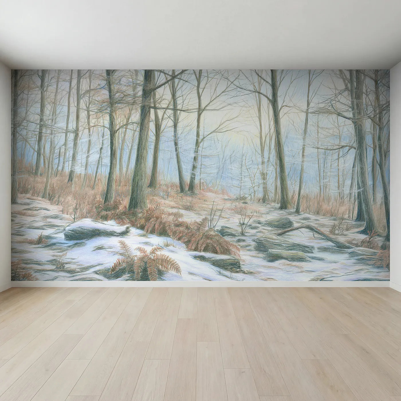 Full view of Snowy Winter Woodland Wallpaper Mural by Whimsy Tots