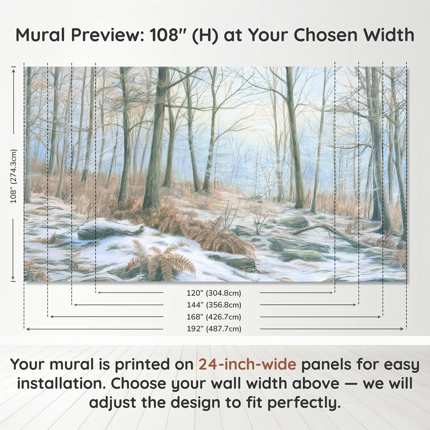 Panel layout and dimensions for Snowy Winter Woodland Wallpaper Mural by Whimsy Tots
