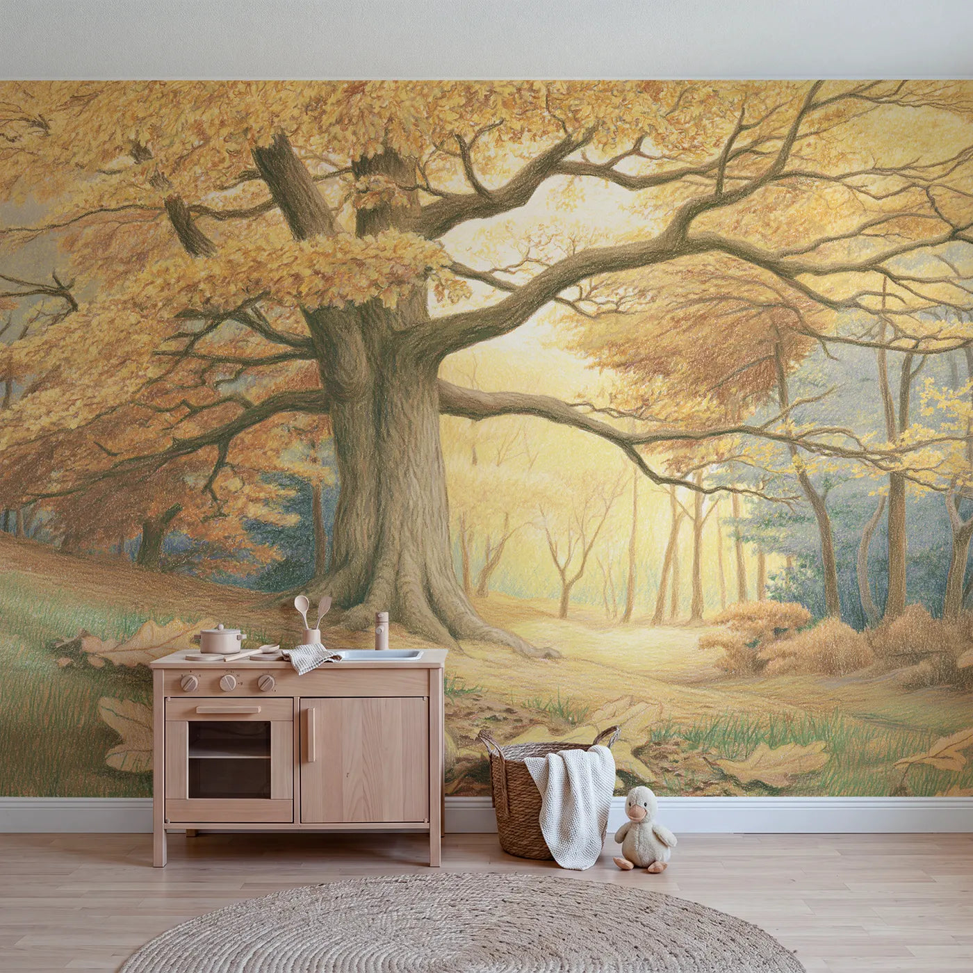 Colored-pencil wall mural of a golden autumn oak canopy by Whimsy Tots