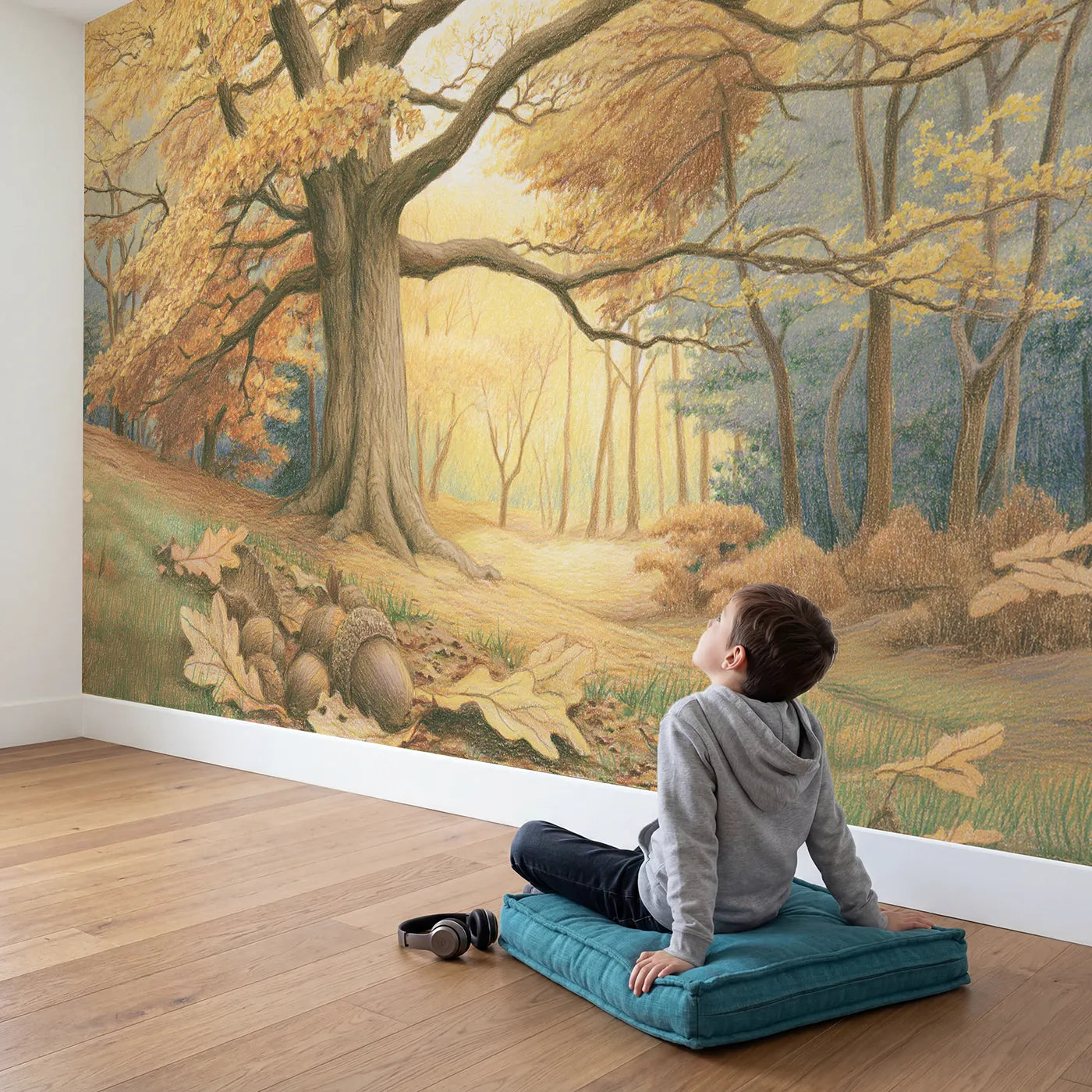 Child in nursery with Autumn Oak Canopy Wallpaper Mural by Whimsy Tots