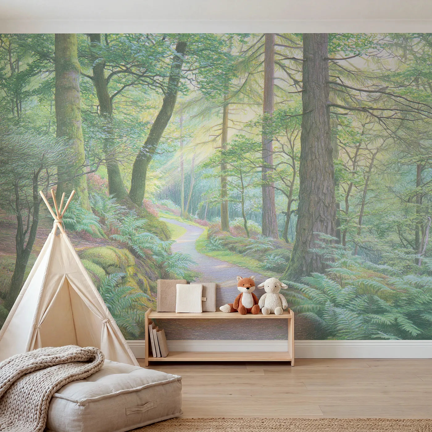 Colored-pencil wall mural of a dappled forest path by Whimsy Tots