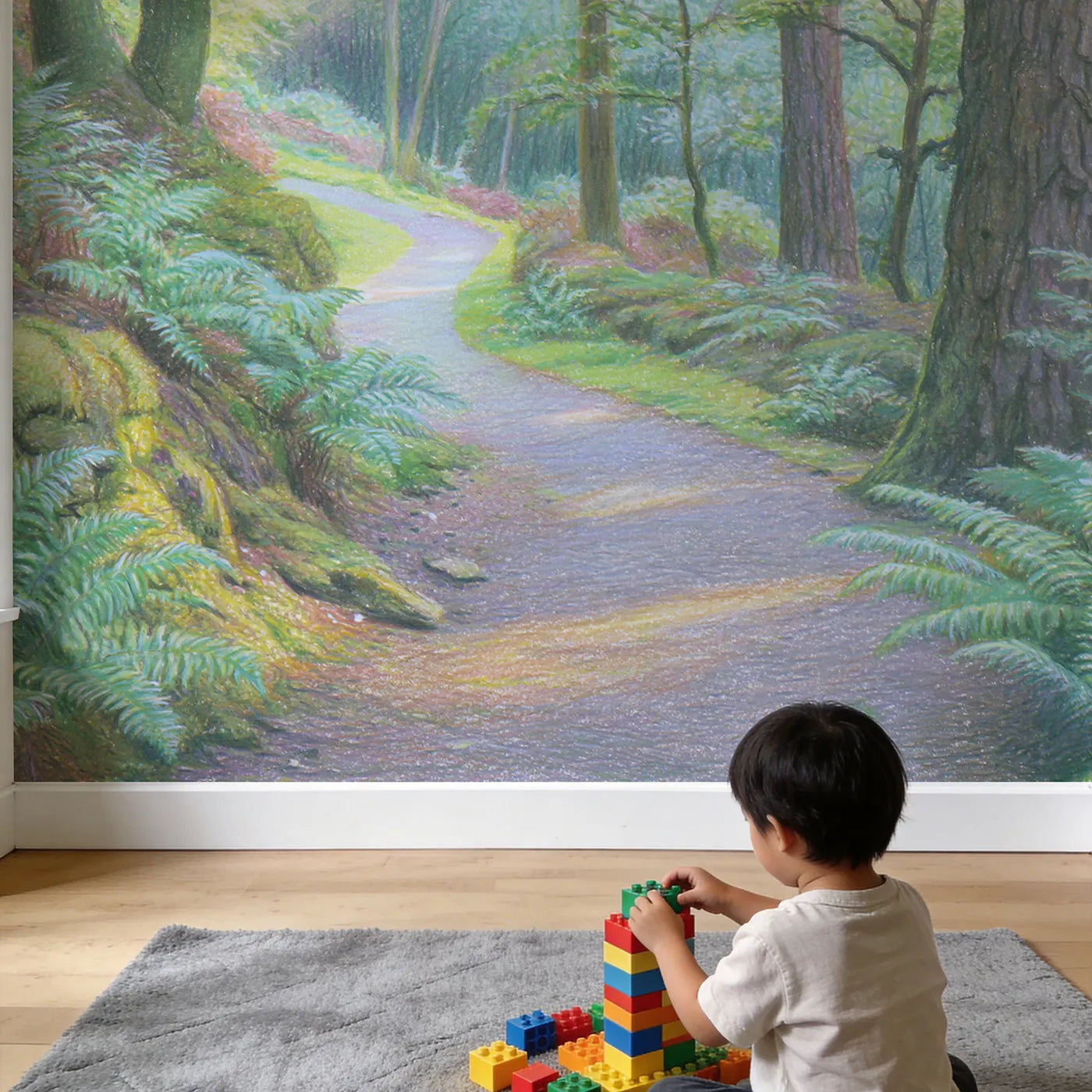 Child in nursery with Dappled Forest Path Wallpaper Mural by Whimsy Tots