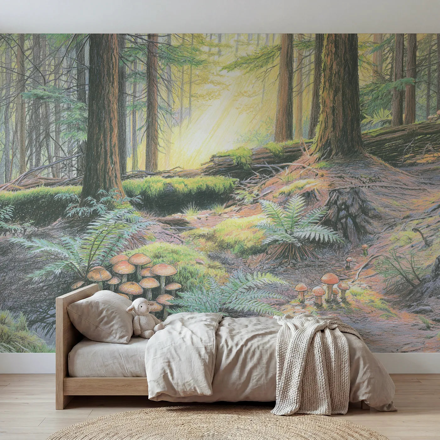 Colored-pencil wall mural of a toadstool forest floor by Whimsy Tots