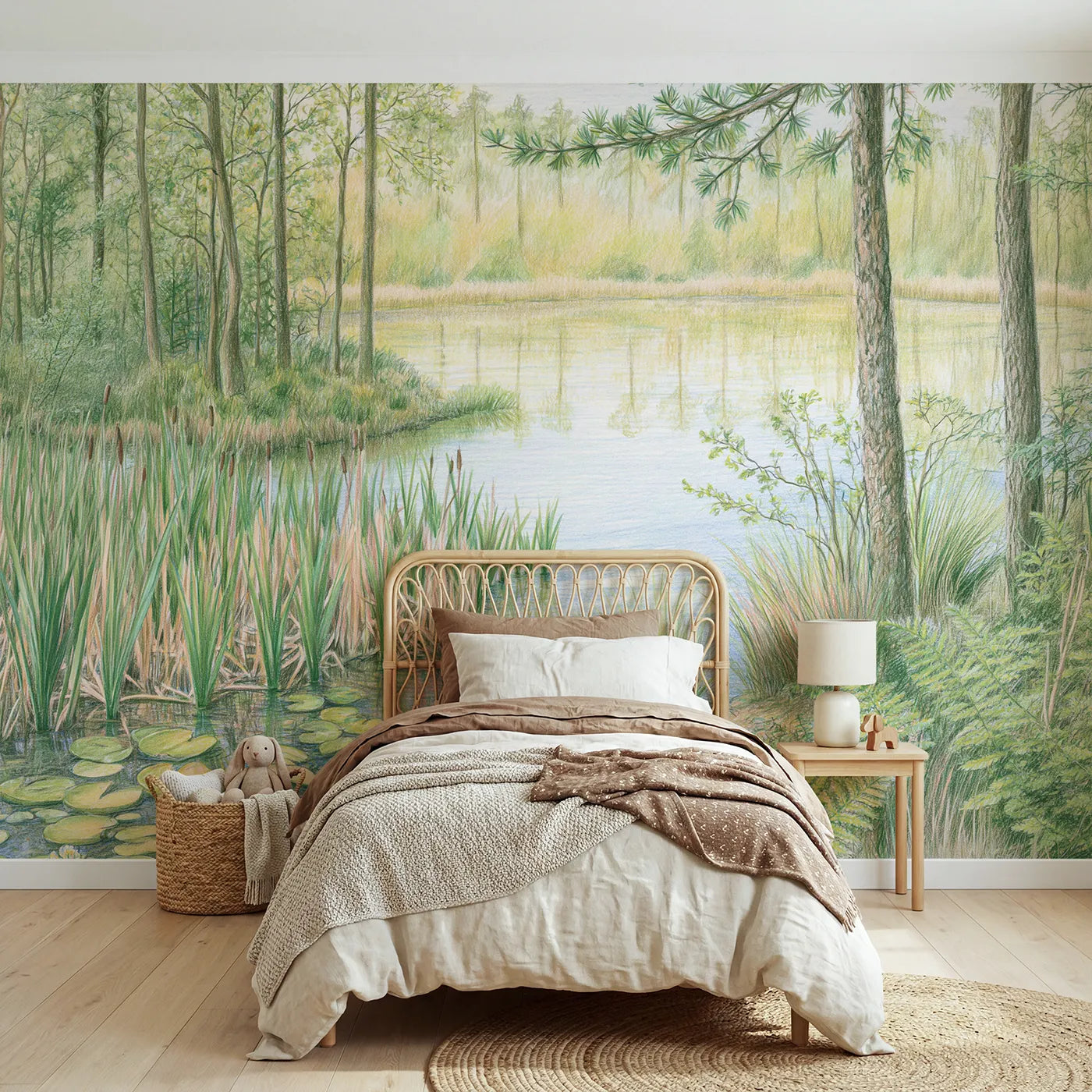 Colored-pencil wall mural of a quiet woodland pond by Whimsy Tots