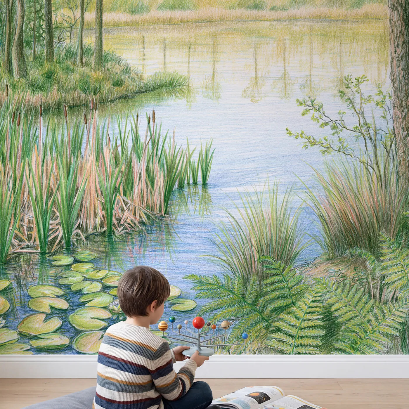 Child in nursery with Quiet Woodland Pond Wallpaper Mural by Whimsy Tots