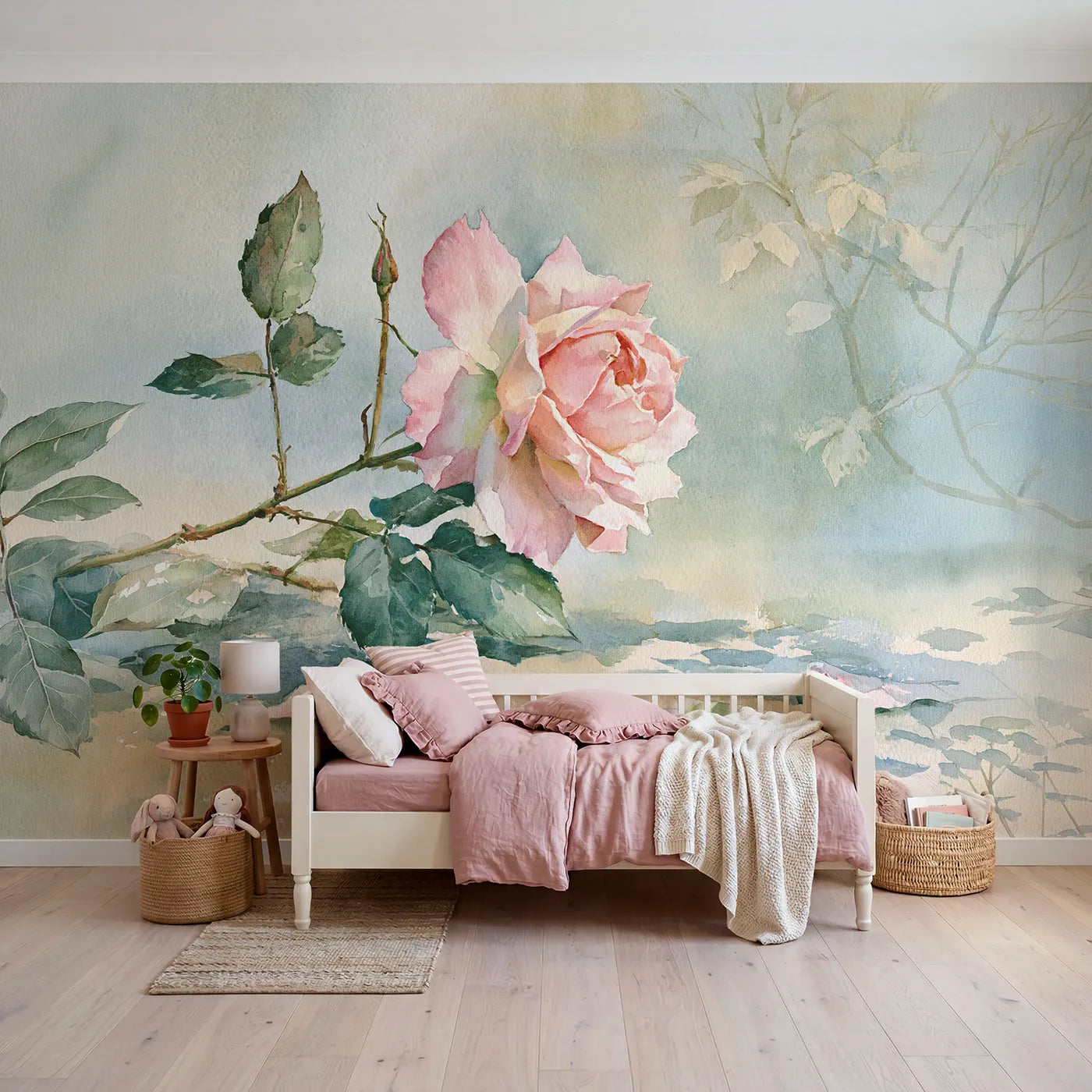 Watercolor wall mural of a single garden rose by Whimsy Tots