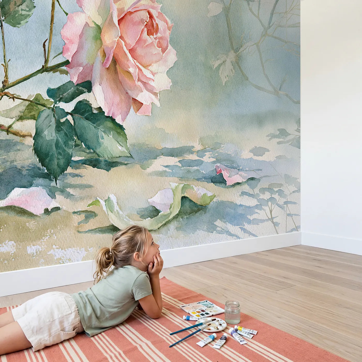 Child in nursery with Garden Rose Study Wallpaper Mural by Whimsy Tots