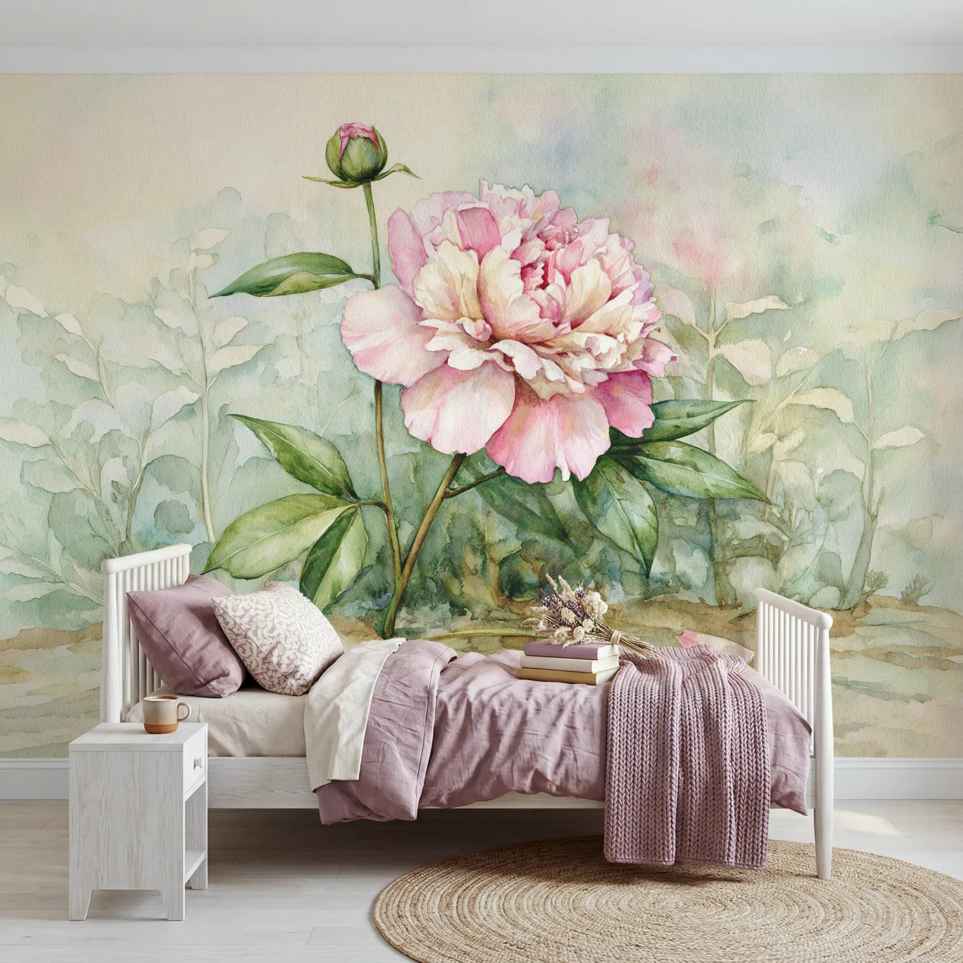 Watercolor wall mural of a pink peony in full bloom by Whimsy Tots
