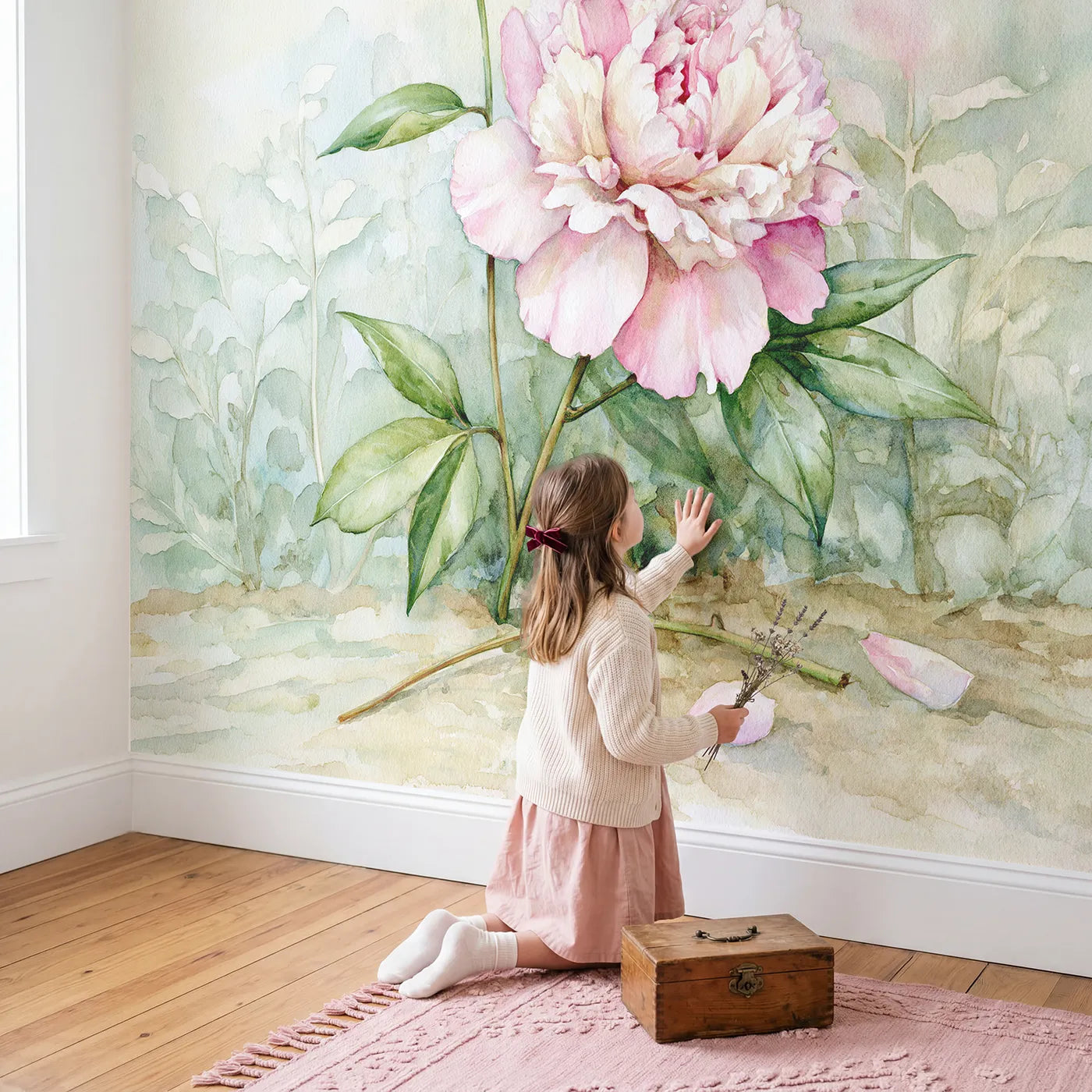 Child in nursery with Pink Peony Study Wallpaper Mural by Whimsy Tots