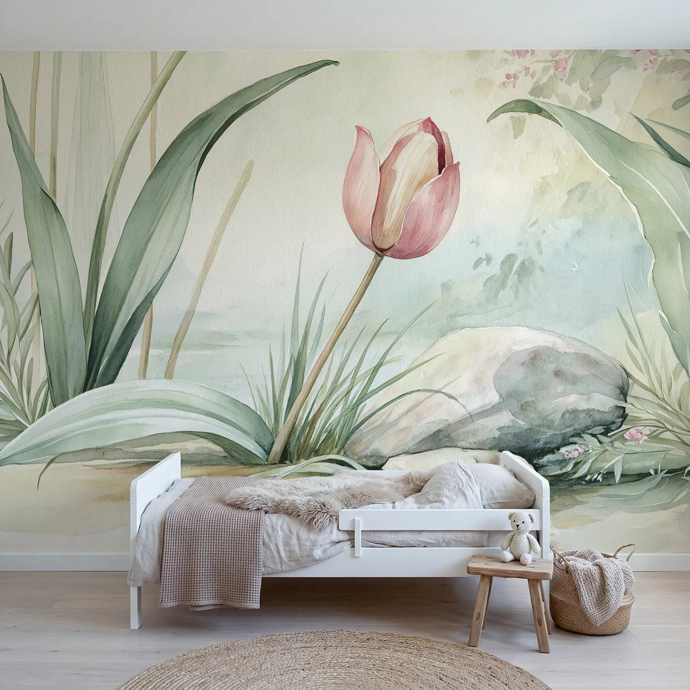 Watercolor wall mural of a single tulip bloom by Whimsy Tots