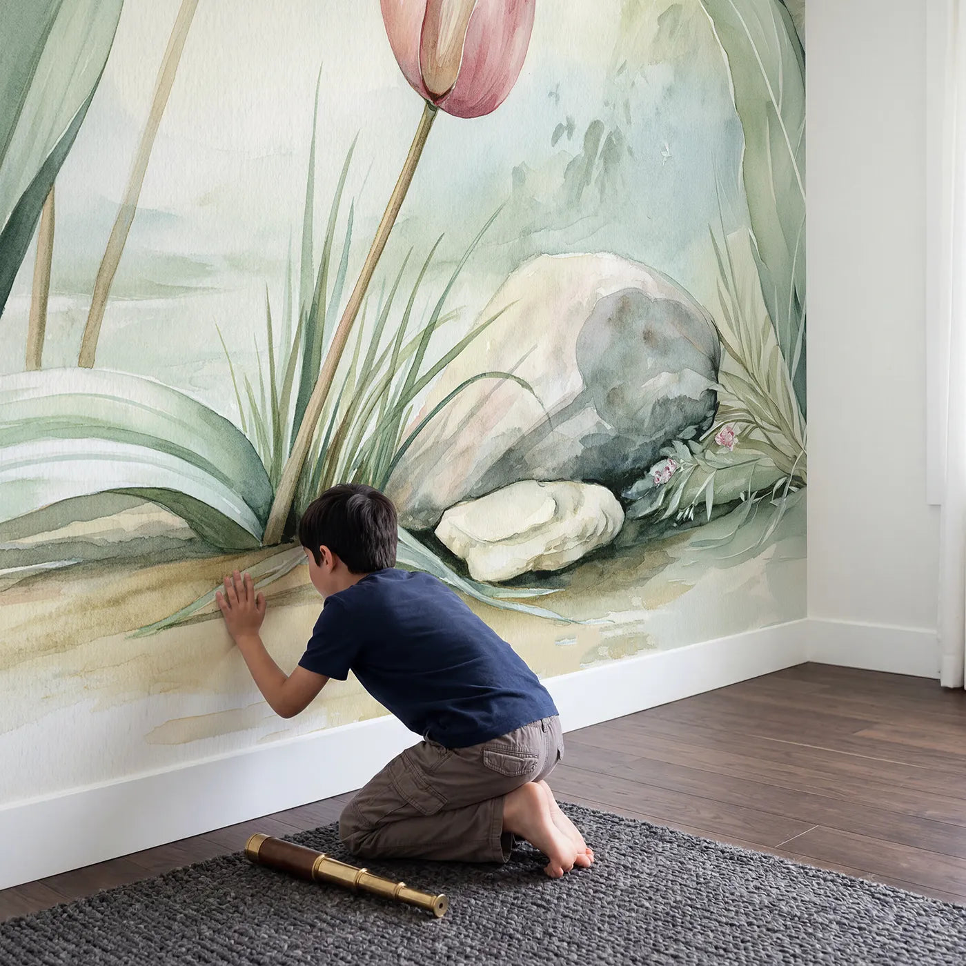 Child in nursery with Tulip Bloom Study Wallpaper Mural by Whimsy Tots