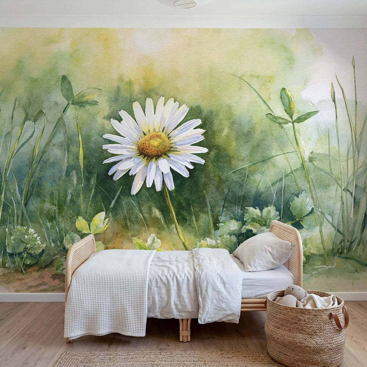 Watercolor wall mural of a simple white daisy by Whimsy Tots