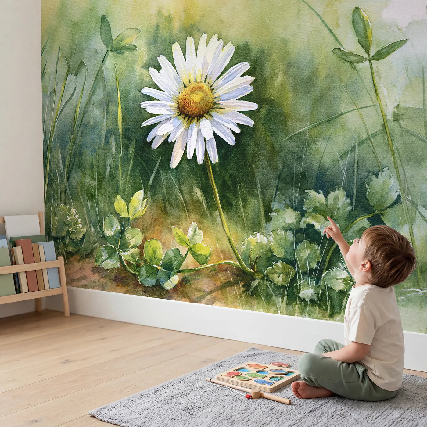 Child in nursery with White Daisy Study Wallpaper Mural by Whimsy Tots