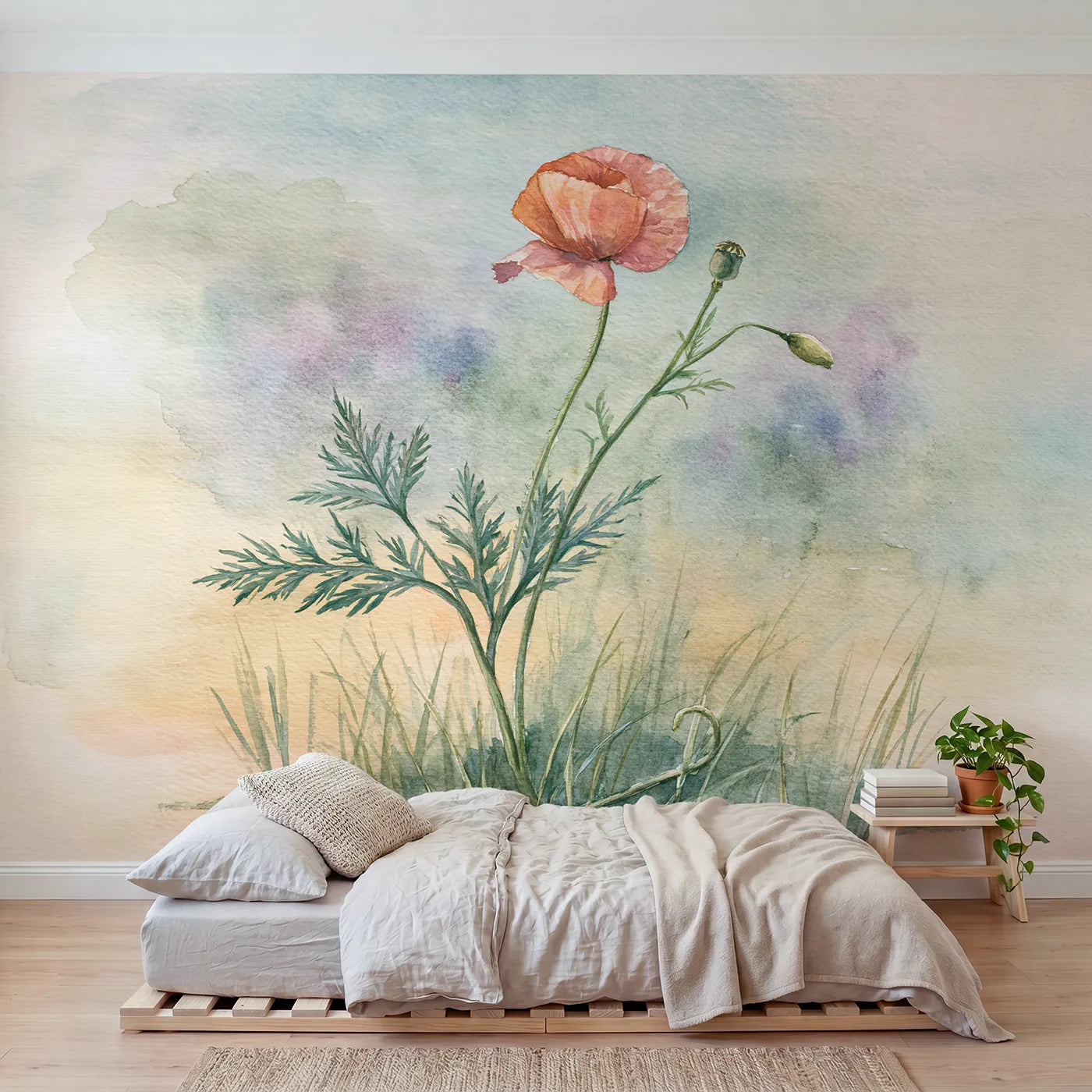 Watercolor wall mural of a muted red poppy by Whimsy Tots