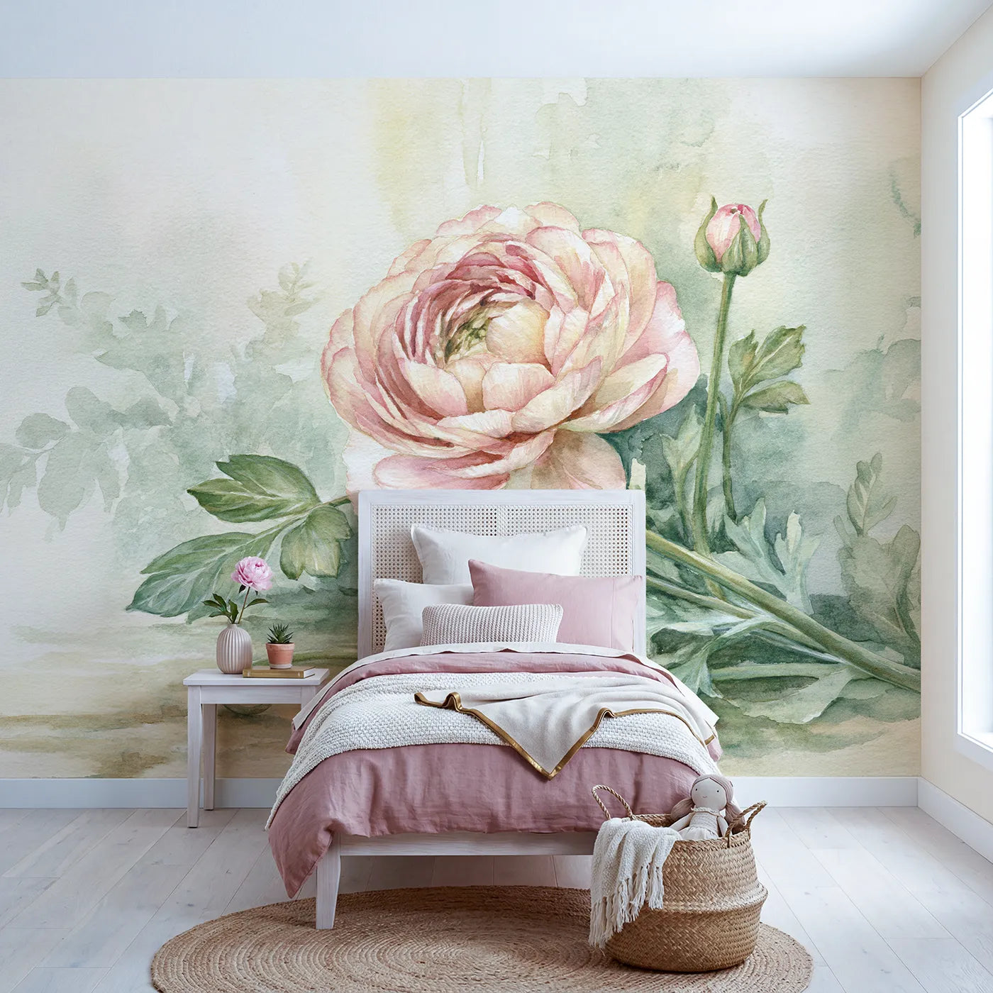 Watercolor wall mural of a soft layered ranunculus by Whimsy Tots