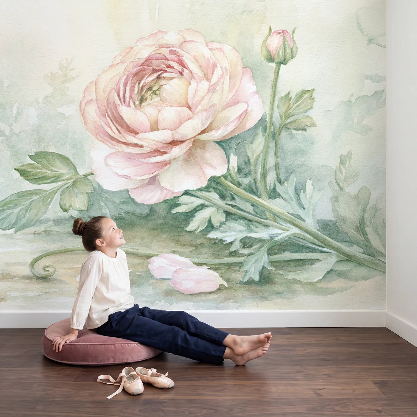 Child in nursery with Soft Ranunculus Study Wallpaper Mural by Whimsy Tots
