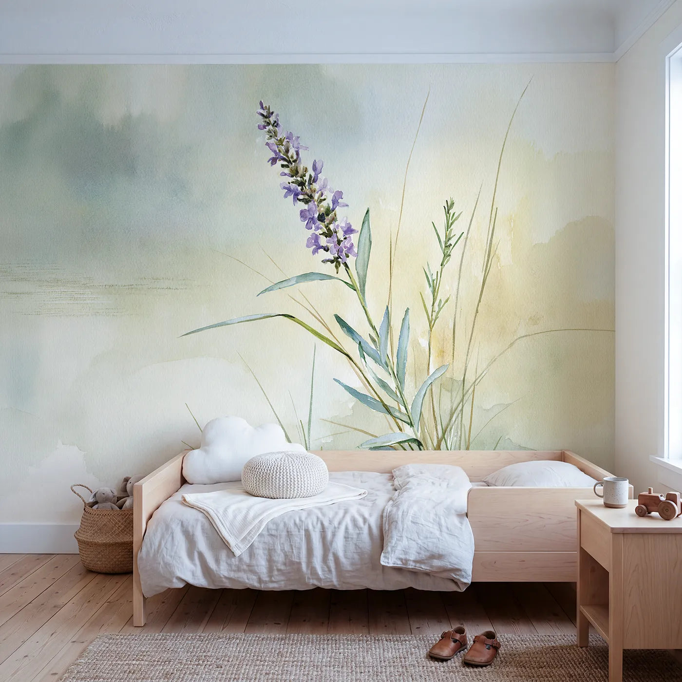 Watercolor wall mural of a slender lavender stem by Whimsy Tots