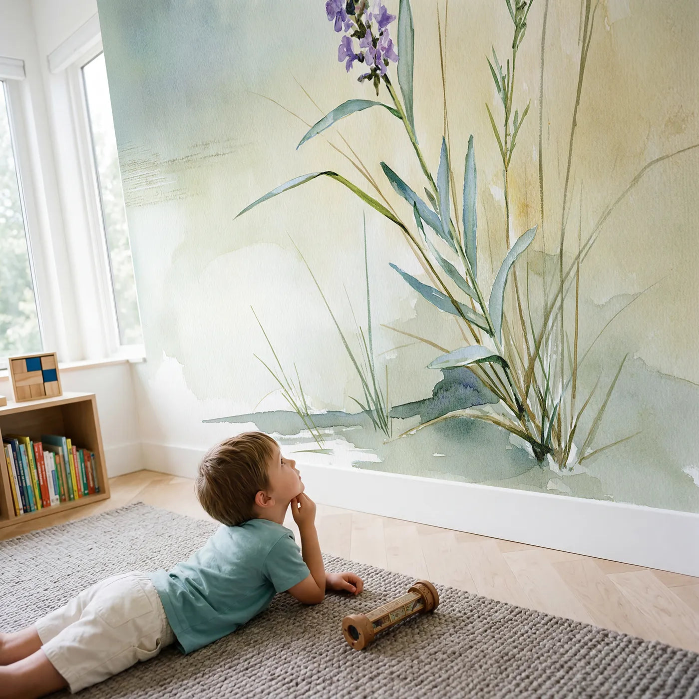 Child in nursery with Lavender Stem Study Wallpaper Mural by Whimsy Tots