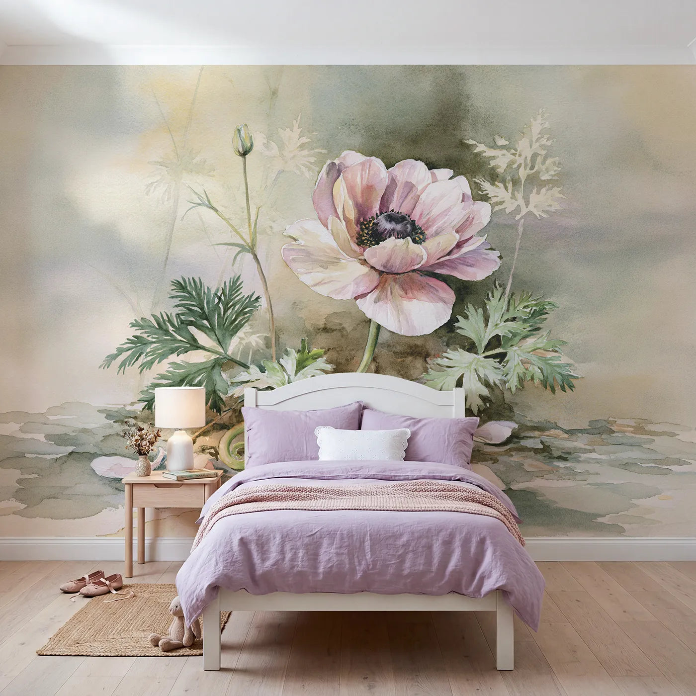 Watercolor wall mural of a sweet pale anemone by Whimsy Tots