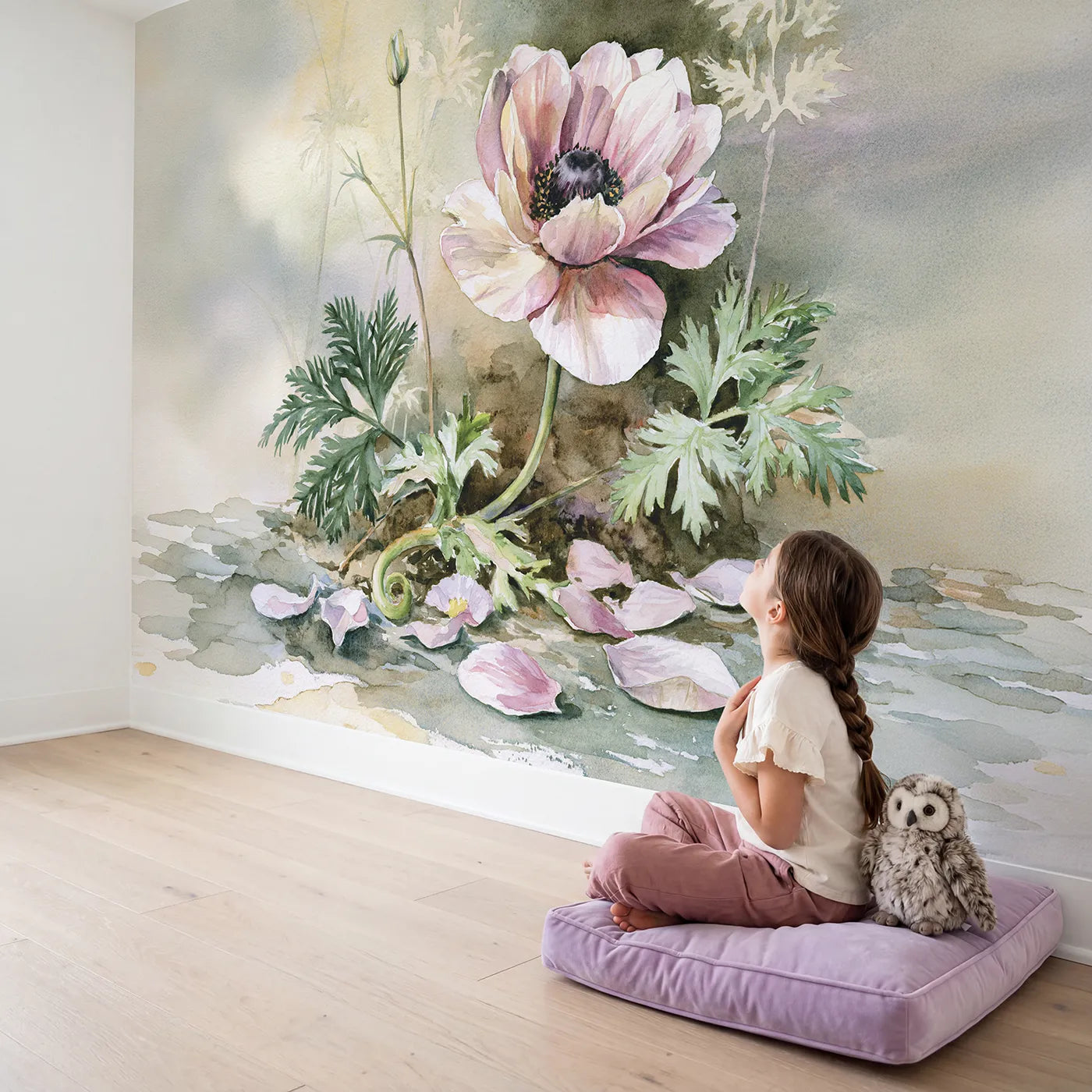 Child in nursery with Sweet Anemone Study Wallpaper Mural by Whimsy Tots
