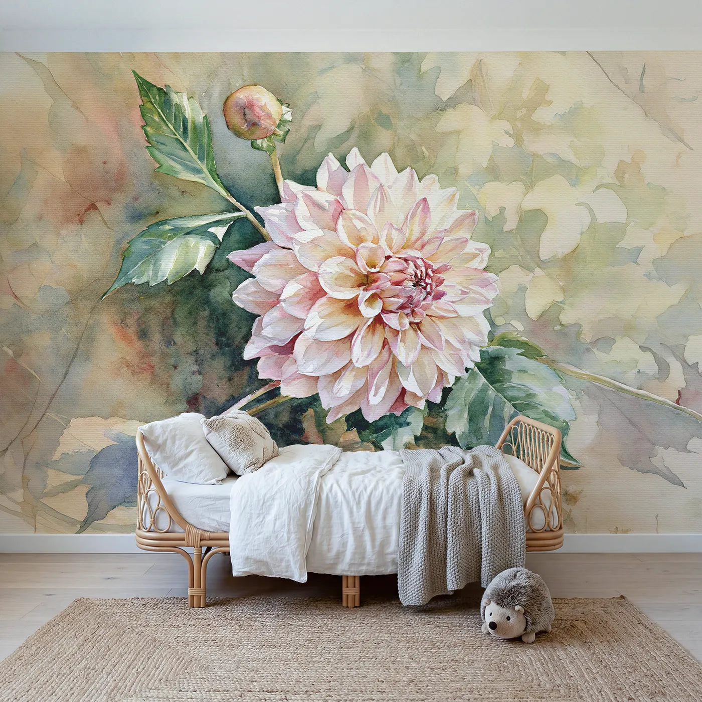 Watercolor wall mural of a radiating garden dahlia by Whimsy Tots