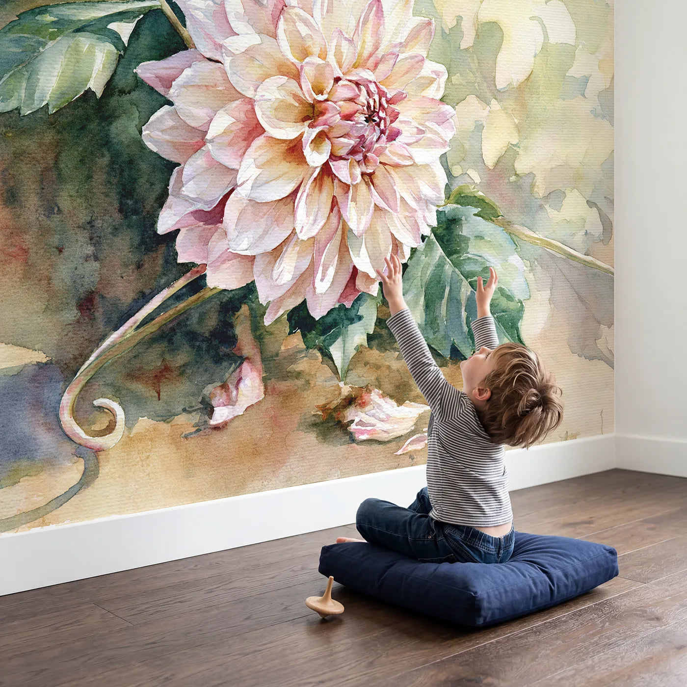 Child in nursery with Garden Dahlia Study Wallpaper Mural by Whimsy Tots