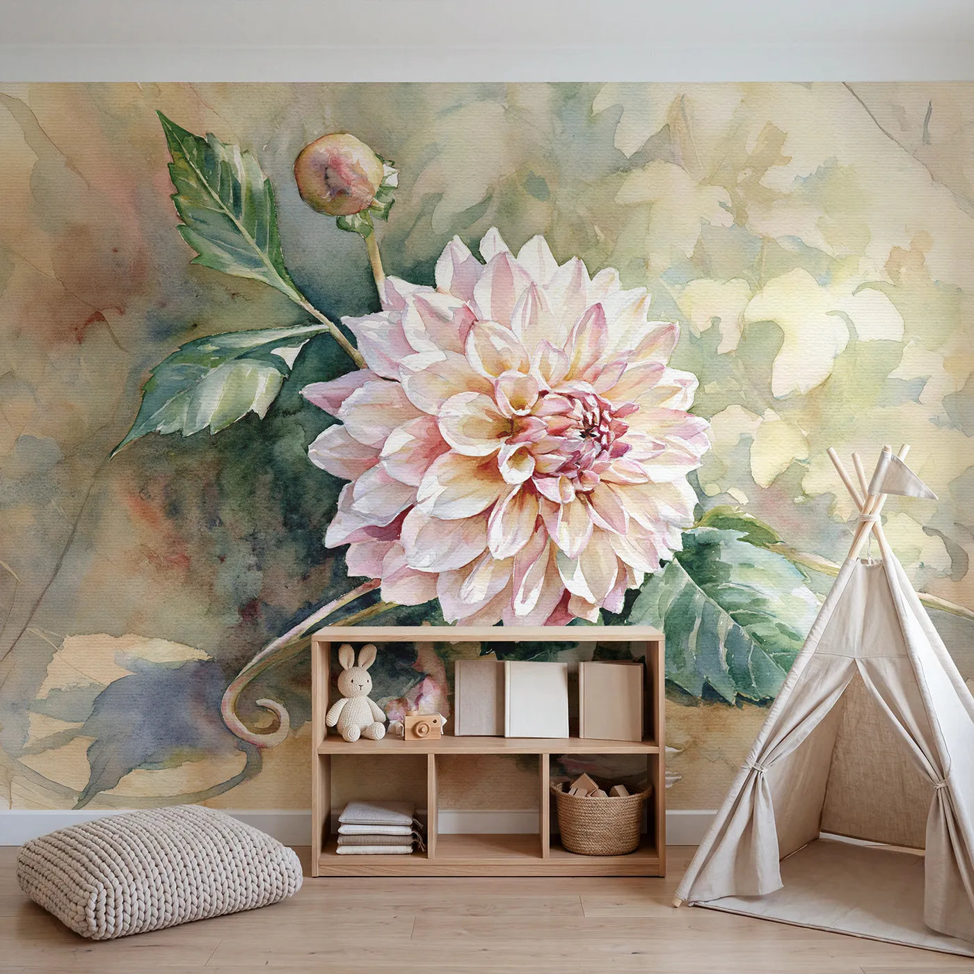 Garden Dahlia Study Wallpaper Mural in playroom setting by Whimsy Tots
