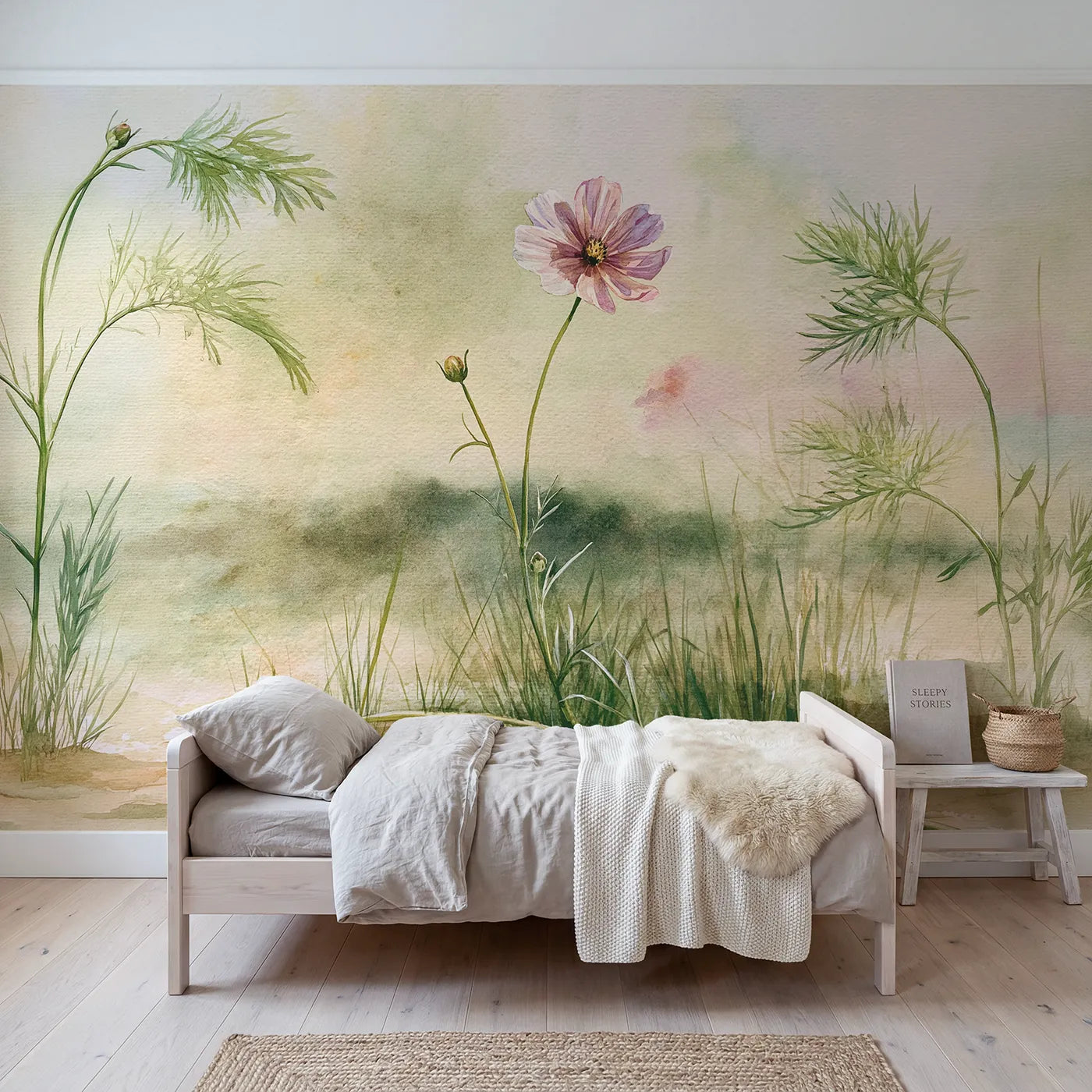 Watercolor wall mural of a delicate cosmos flower by Whimsy Tots