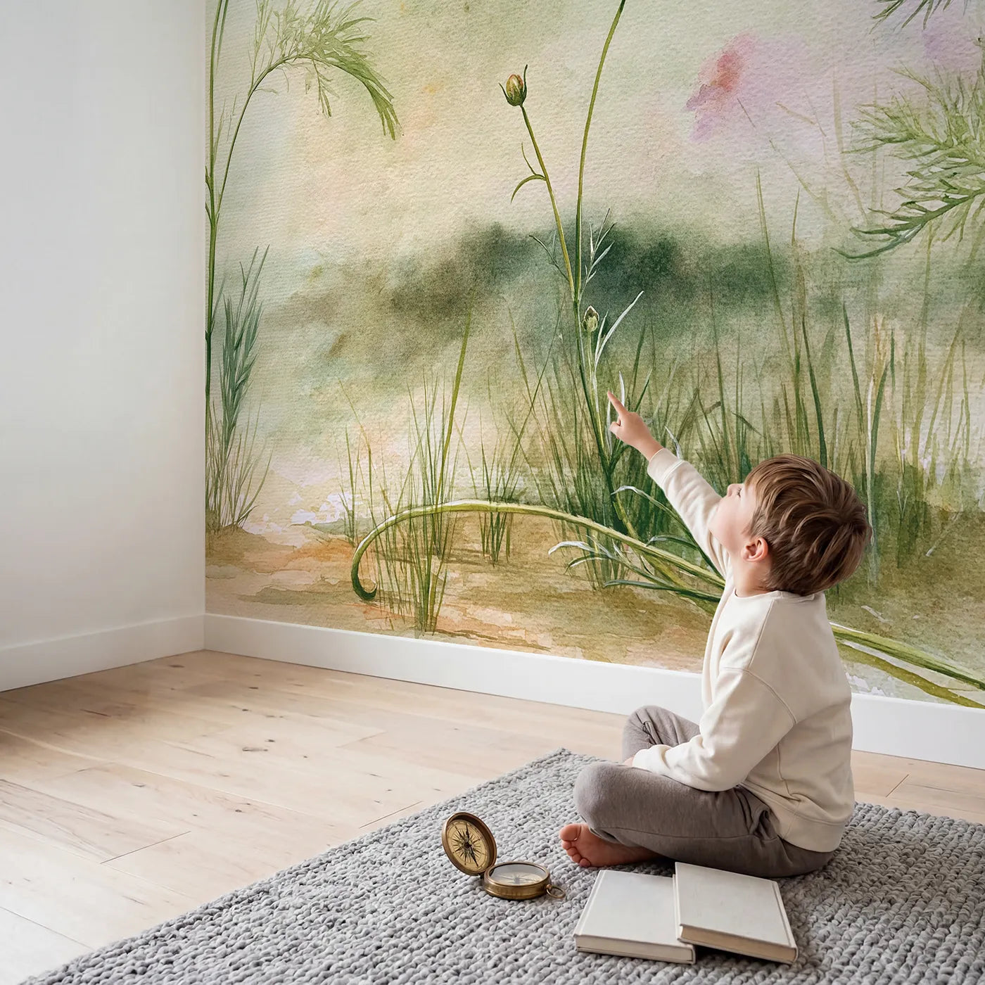 Child in nursery with Cosmos Flower Study Wallpaper Mural by Whimsy Tots
