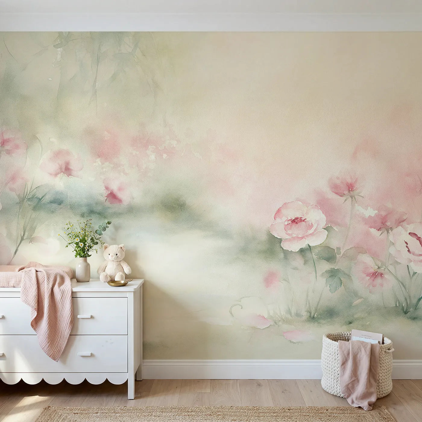 Watercolor wall mural of a misty rose garden by Whimsy Tots