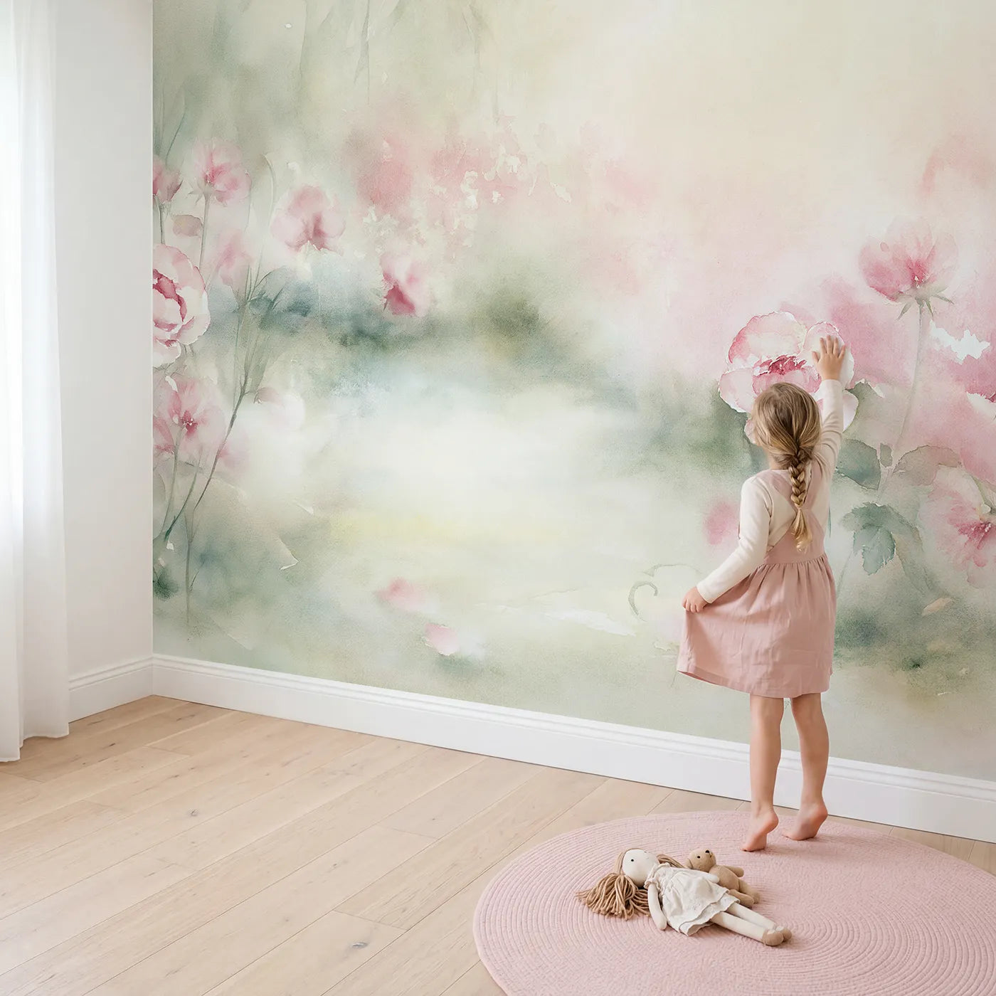 Child in nursery with Misty Rose Garden Wallpaper Mural by Whimsy Tots