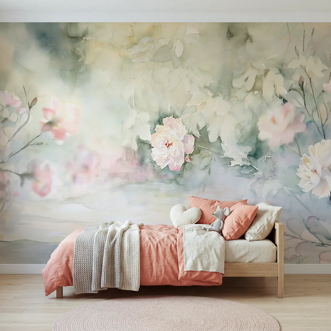 Watercolor wall mural of a glowing soft peony by Whimsy Tots