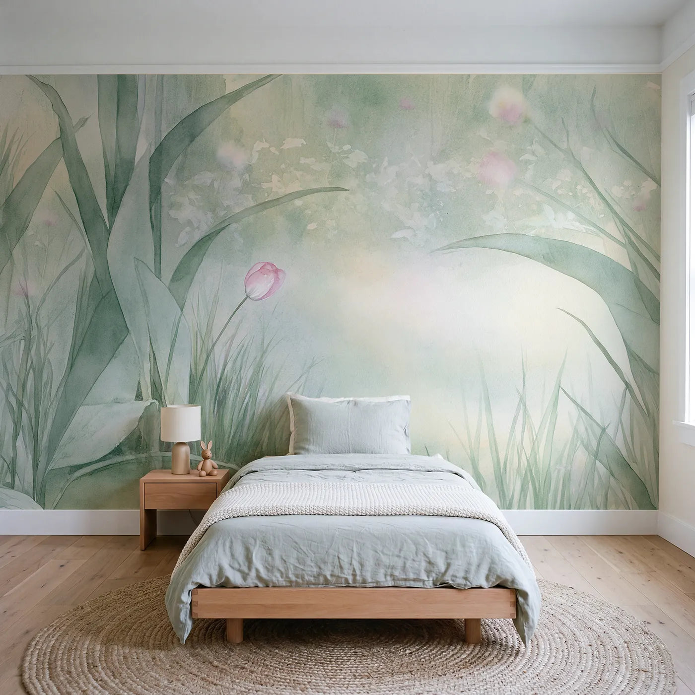 Watercolor wall mural of a dewy morning tulip by Whimsy Tots