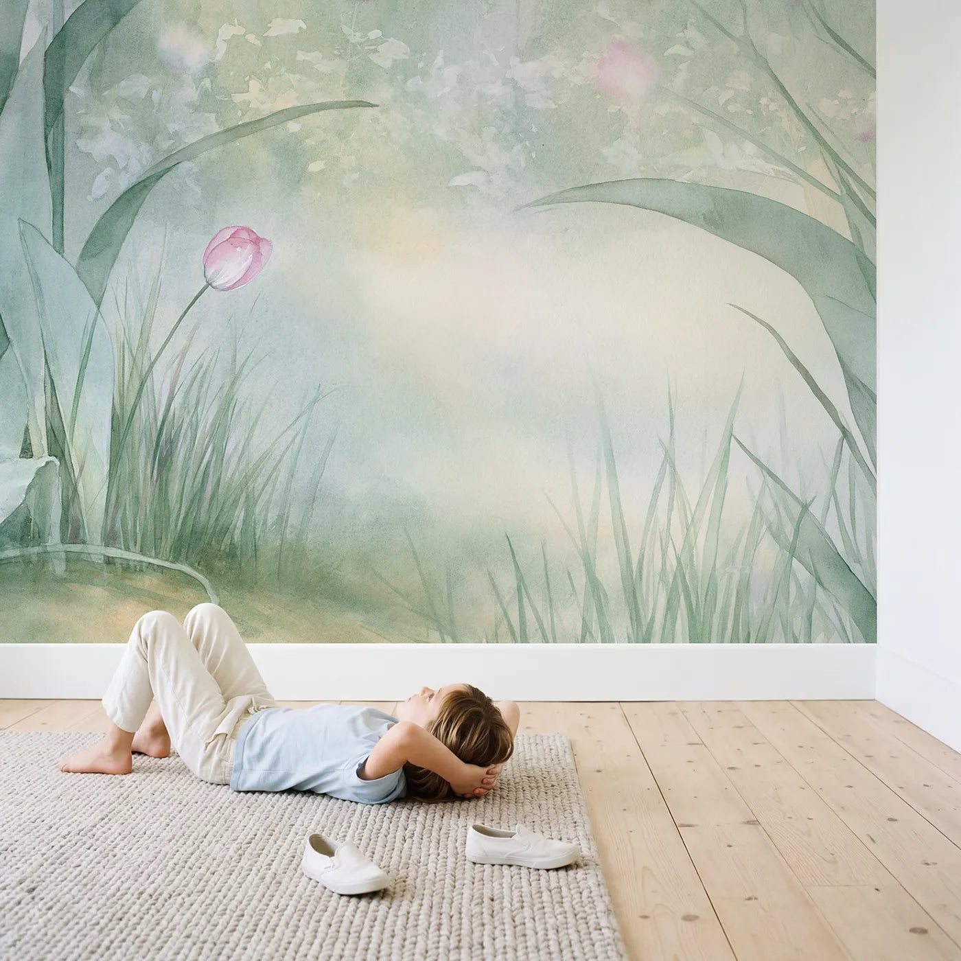 Child in nursery with Dewy Tulip Morning Wallpaper Mural by Whimsy Tots