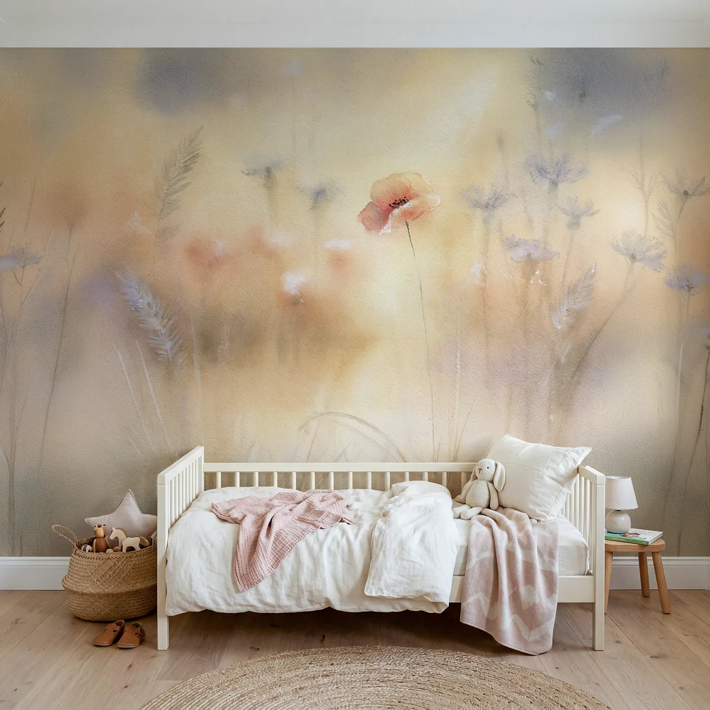 Watercolor wall mural of a hazy glowing poppy by Whimsy Tots