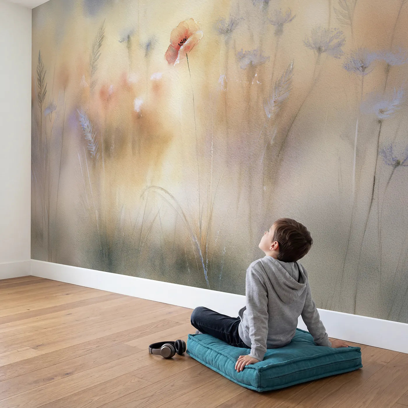 Child in nursery with Hazy Poppy Glow Wallpaper Mural by Whimsy Tots