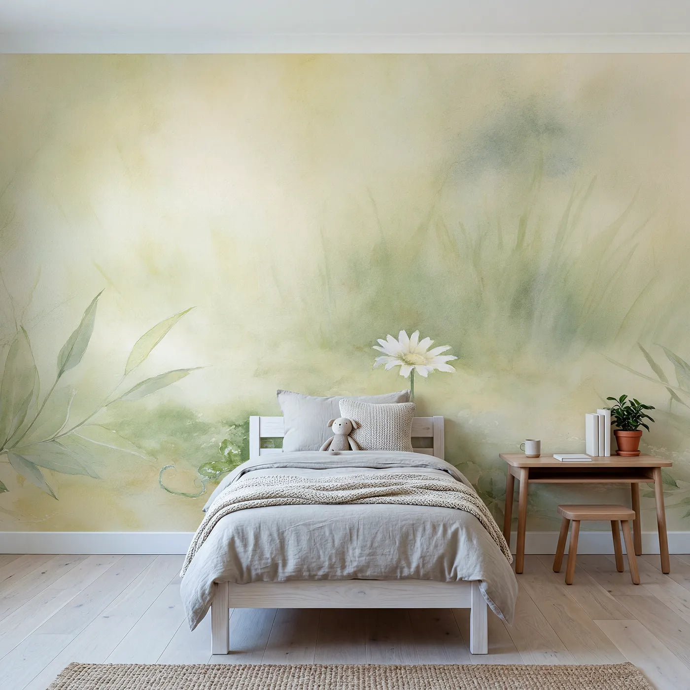 Watercolor wall mural of daisies in gentle light by Whimsy Tots