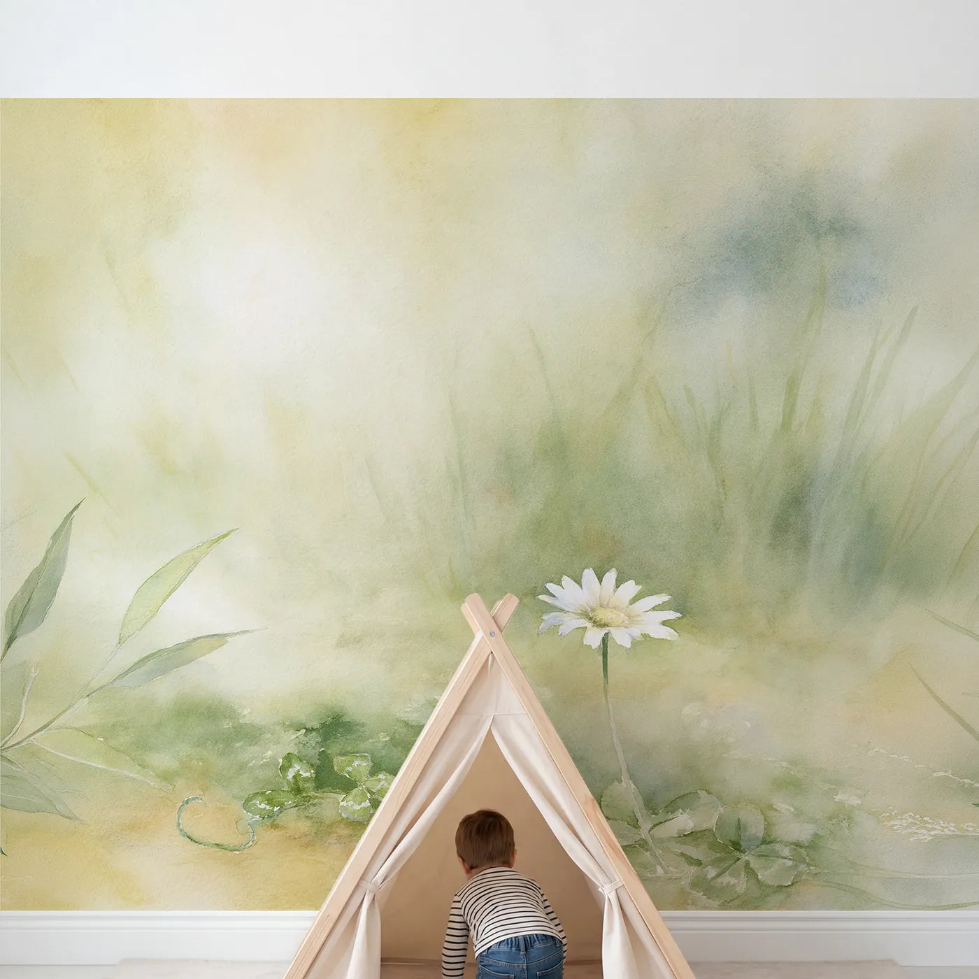 Child in nursery with Gentle Daisy Light Wallpaper Mural by Whimsy Tots