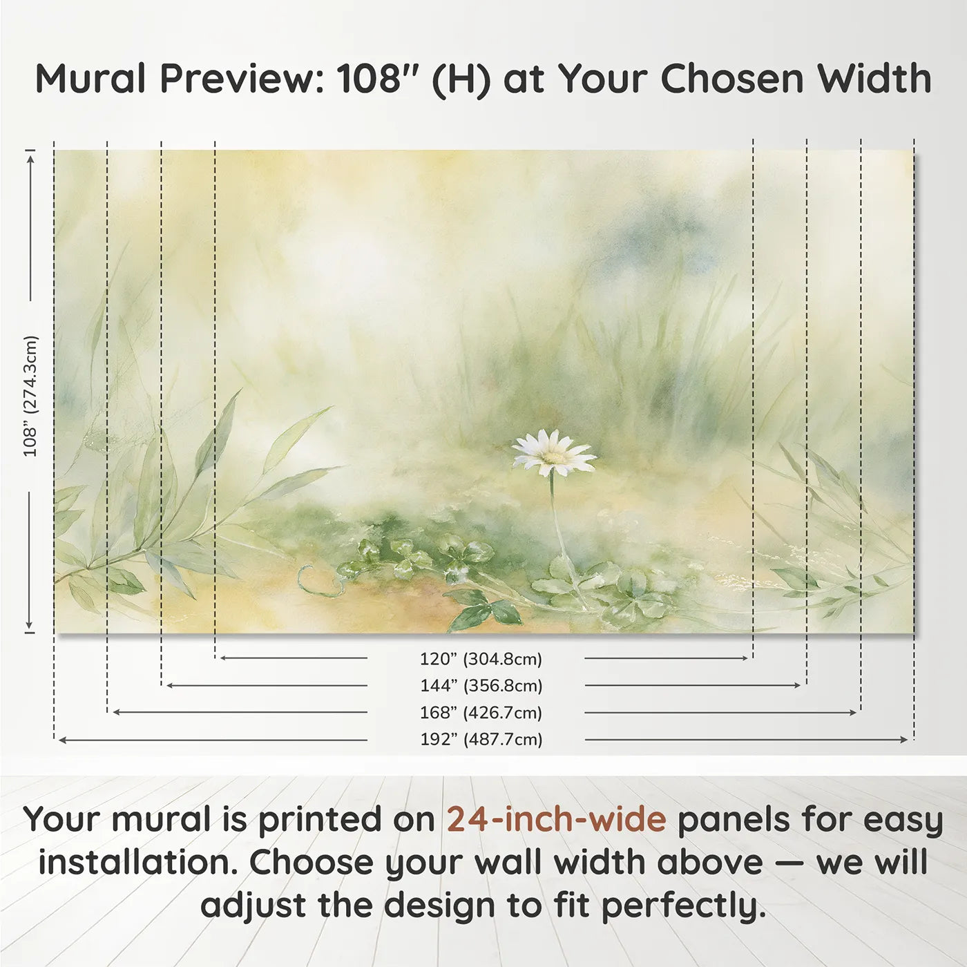 Panel layout and dimensions for Gentle Daisy Light Wallpaper Mural by Whimsy Tots