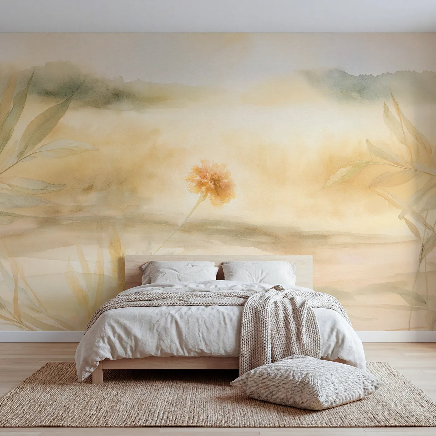 Watercolor wall mural of a sunlit glowing marigold by Whimsy Tots