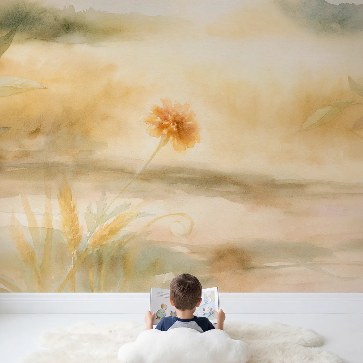 Child in nursery with Sunlit Marigold Soft Wallpaper Mural by Whimsy Tots